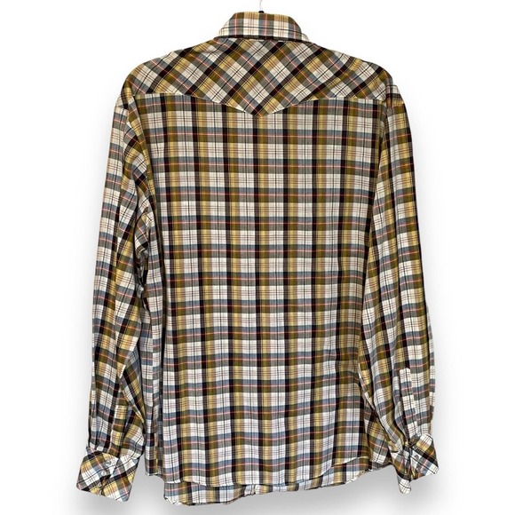 Vintage 70s 80s Kennington Yellow Brown Plaid Large Long Sleeve Pearl Snap Shirt - Picture 2 of 5
